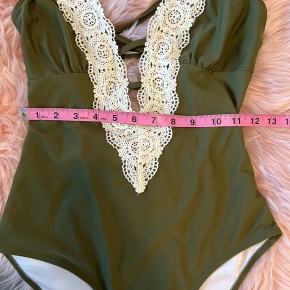 Cupshe Olive Sage Green Crotchet Criss Cross Backless Sexy One Piece Swimsuit - Picture 10 of 11